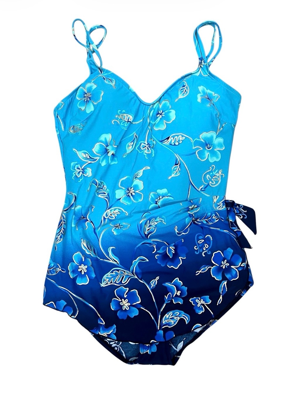 Vintage Le Cove One Piece Faux Sarong Skirt Swimsuit Ombre Blue Gold Leaf Floral